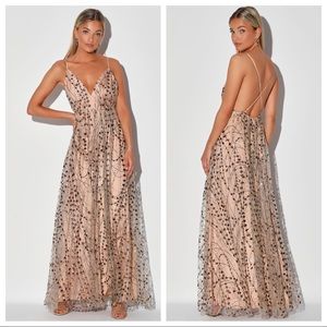 Lulu’s Luminous Night Taupe Glitter Sequin Maxi Dress Gown Size Extra Small XS